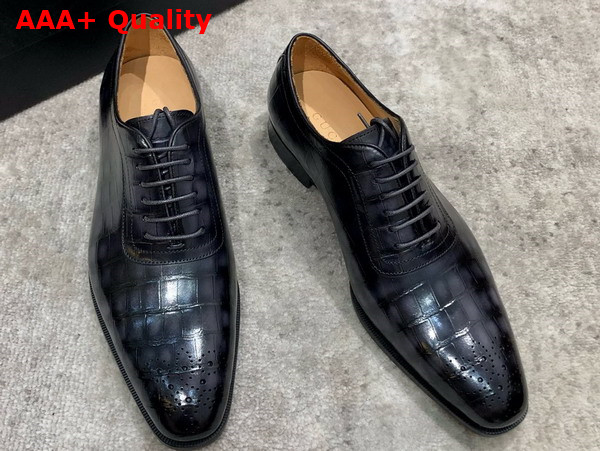 Gucci Mens Lace Up Shoes in Grey Perforated Crocodile Embossed Calfskin Replica