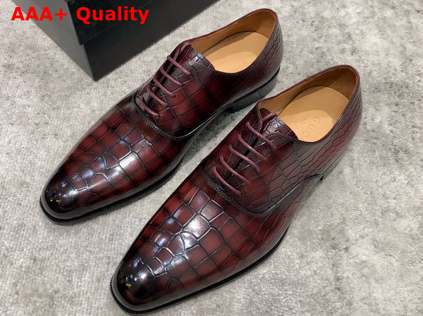 Gucci Mens Lace Up Shoes in Wine Crocodile Embossed Calfskin Replica