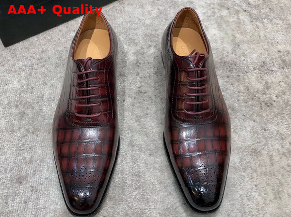Gucci Mens Lace Up Shoes in Wine Perforated Crocodile Embossed Calfskin Replica