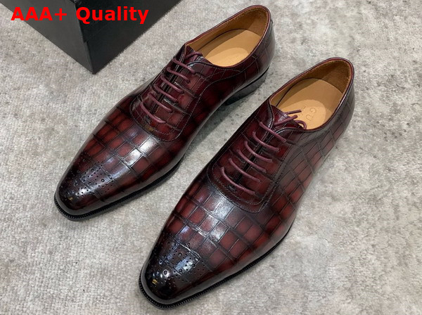 Gucci Mens Lace Up Shoes in Wine Perforated Crocodile Embossed Calfskin Replica