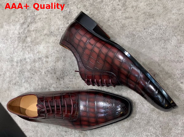 Gucci Mens Lace Up Shoes in Wine Perforated Crocodile Embossed Calfskin Replica