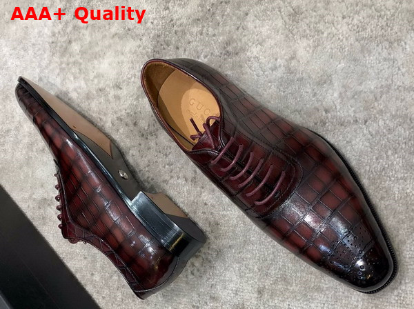 Gucci Mens Lace Up Shoes in Wine Perforated Crocodile Embossed Calfskin Replica