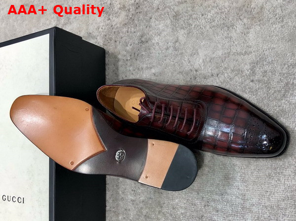 Gucci Mens Lace Up Shoes in Wine Perforated Crocodile Embossed Calfskin Replica