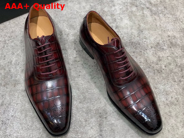 Gucci Mens Lace Up Shoes in Wine Perforated Crocodile Embossed Calfskin Replica