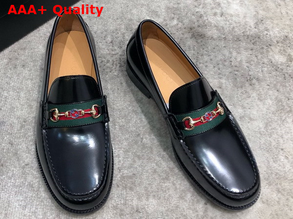 Gucci Mens Loafer in Black Brushed Leather with Web Replica
