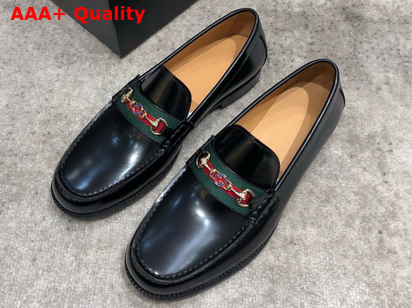 Gucci Mens Loafer in Black Brushed Leather with Web Replica
