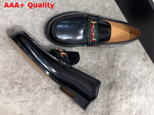 Gucci Mens Loafer in Black Brushed Leather with Web Replica