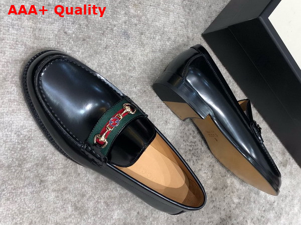 Gucci Mens Loafer in Black Brushed Leather with Web Replica