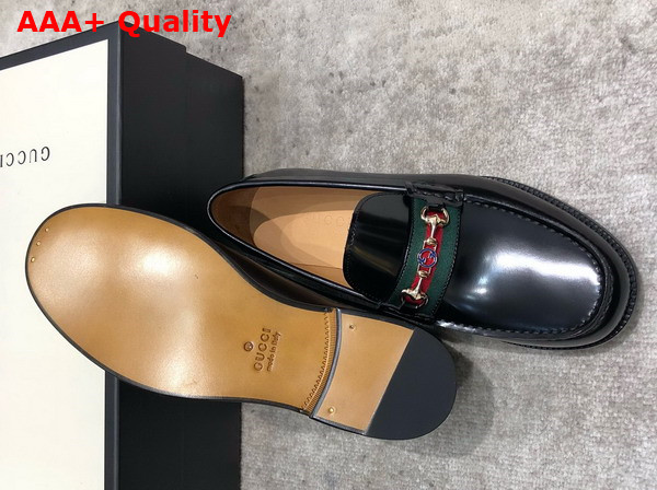 Gucci Mens Loafer in Black Brushed Leather with Web Replica