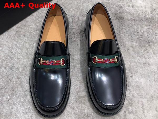Gucci Mens Loafer in Black Brushed Leather with Web Replica