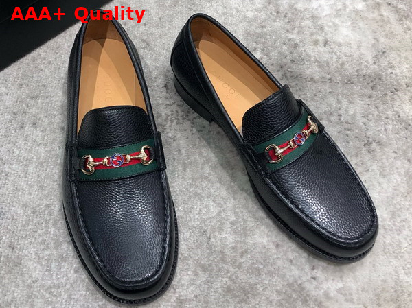Gucci Mens Loafer in Black Grained Leather with Web Replica