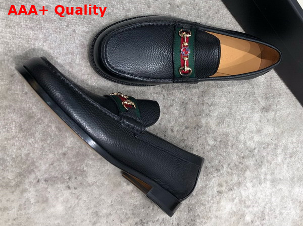 Gucci Mens Loafer in Black Grained Leather with Web Replica