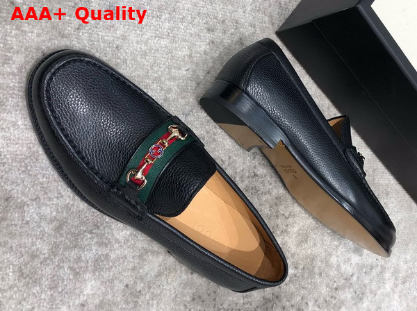 Gucci Mens Loafer in Black Grained Leather with Web Replica