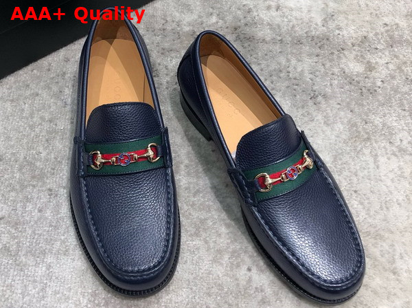 Gucci Mens Loafer in Blue Grained Leather with Web Replica