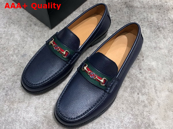 Gucci Mens Loafer in Blue Grained Leather with Web Replica