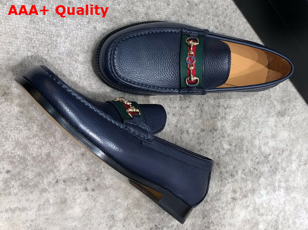 Gucci Mens Loafer in Blue Grained Leather with Web Replica