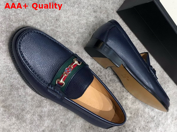 Gucci Mens Loafer in Blue Grained Leather with Web Replica
