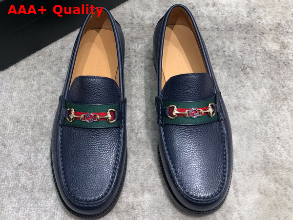 Gucci Mens Loafer in Blue Grained Leather with Web Replica