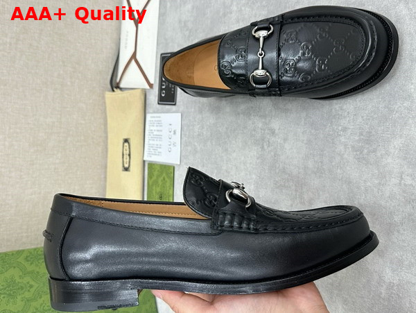 Gucci Mens Loafer with Horsebit Matte Black Leather with Debossed GG Leather Detail 786426 Replica