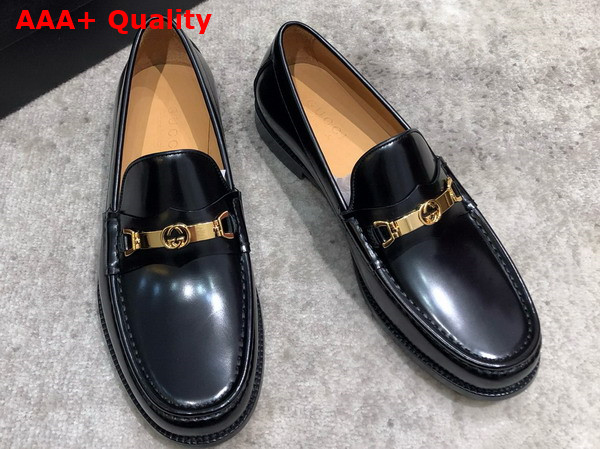 Gucci Mens Loafer with Interlocking G in Black Brushed Leather Replica