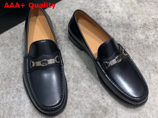 Gucci Mens Loafer with Interlocking G in Black Brushed Leather Replica