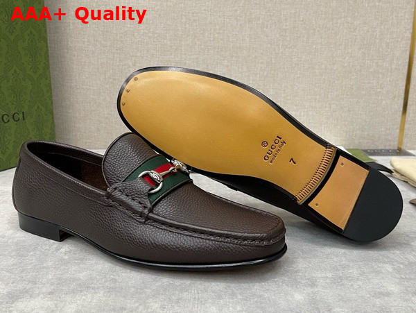 Gucci Mens Loafer with Web in Dark Brown Grain Leather Leather Replica