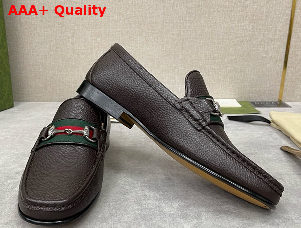 Gucci Mens Loafer with Web in Dark Brown Grain Leather Leather Replica