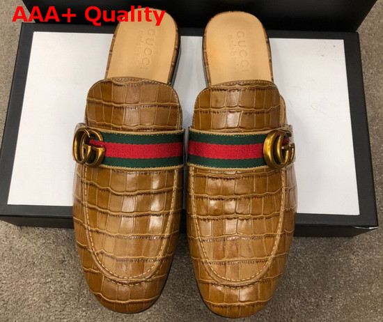 Gucci Mens Princetown Leather Slipper with Double G Brown Crocodile Embossed Calfskin Replica