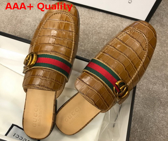 Gucci Mens Princetown Leather Slipper with Double G Brown Crocodile Embossed Calfskin Replica