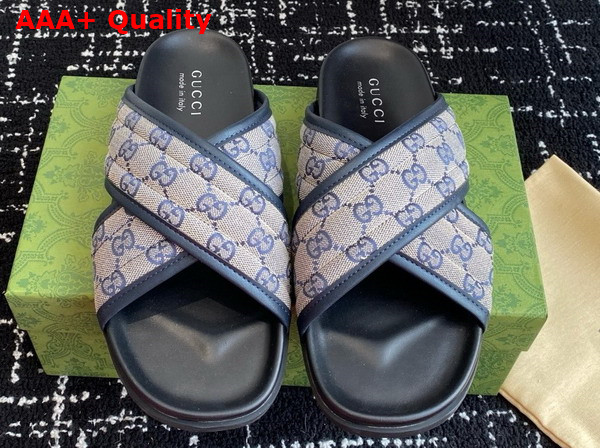 Gucci Mens Slide Sandal in Beige and Blue GG Canvas 834940 Replica