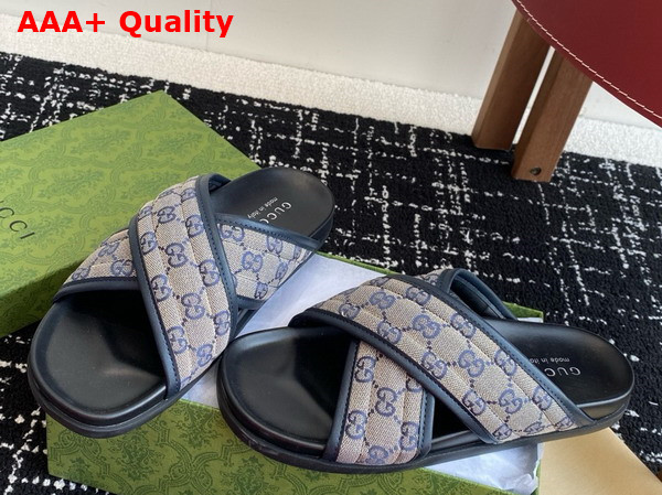Gucci Mens Slide Sandal in Beige and Blue GG Canvas 834940 Replica