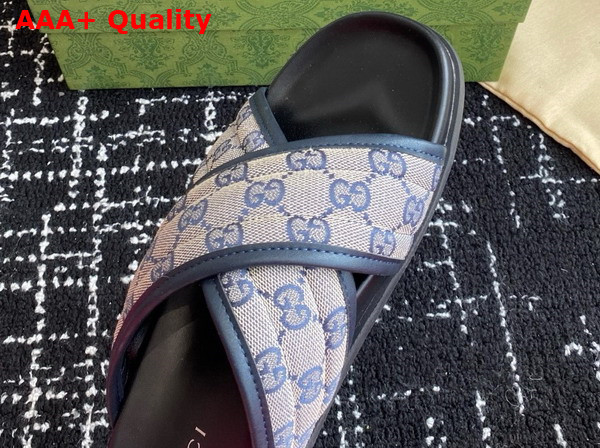 Gucci Mens Slide Sandal in Beige and Blue GG Canvas 834940 Replica
