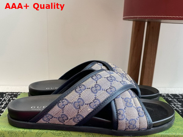 Gucci Mens Slide Sandal in Beige and Blue GG Canvas 834940 Replica