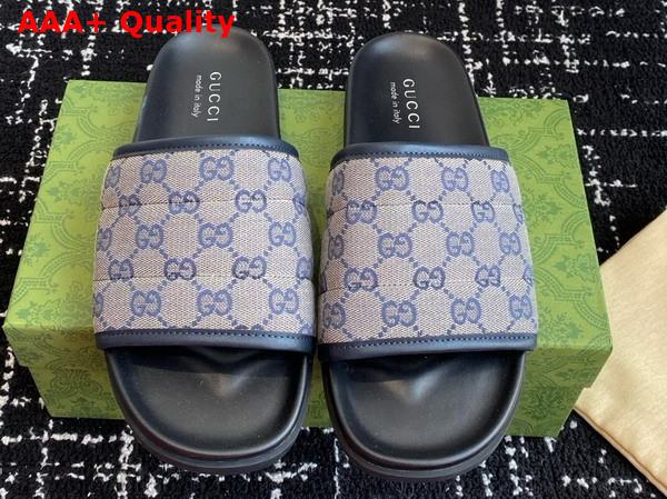 Gucci Mens Slide Sandal in Beige and Blue GG Canvas 834941 Replica
