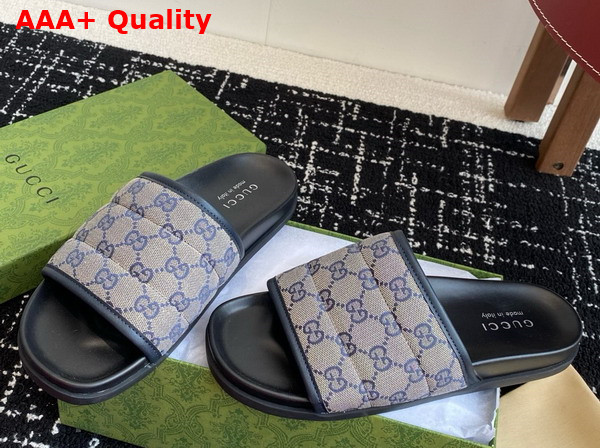 Gucci Mens Slide Sandal in Beige and Blue GG Canvas 834941 Replica