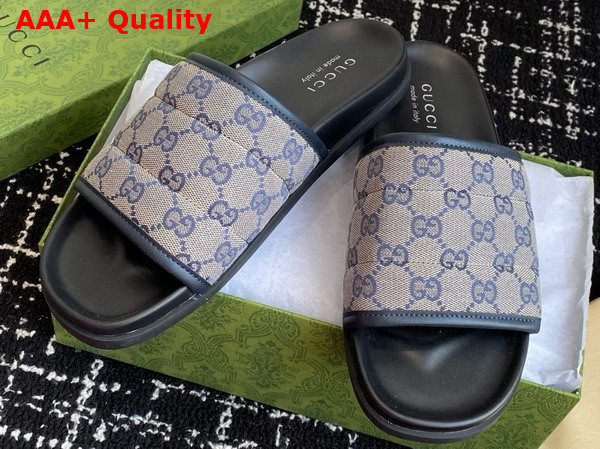 Gucci Mens Slide Sandal in Beige and Blue GG Canvas 834941 Replica