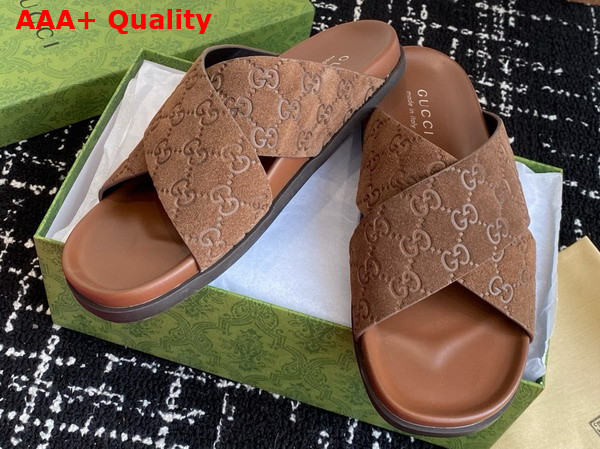 Gucci Mens Slide Sandal in Brown GG Suede 834940 Replica