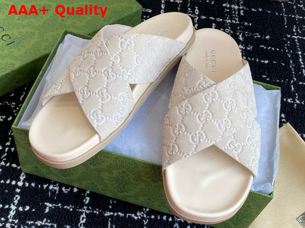 Gucci Mens Slide Sandal in Oatmeal GG Suede 834940 Replica