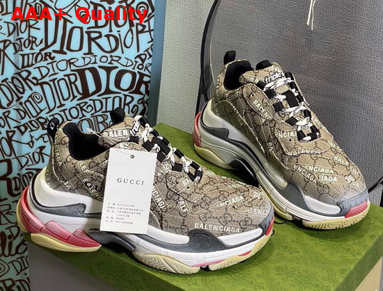 Gucci Mens The Hacker Project Triple S Sneaker Beige and Ebony GG Supreme Canvas with Balenciaga Print 681066 Replica