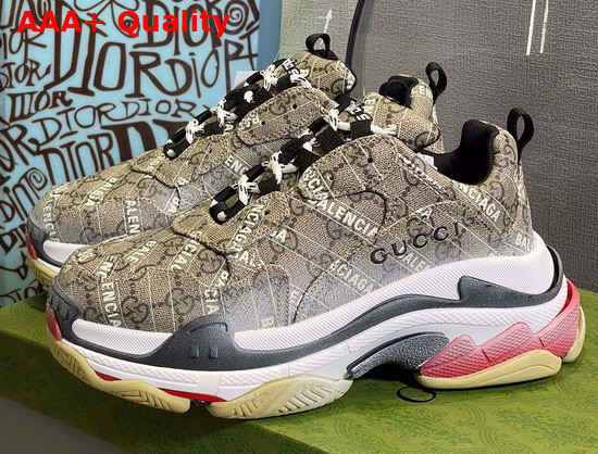 Gucci Mens The Hacker Project Triple S Sneaker Beige and Ebony GG Supreme Canvas with Balenciaga Print 681066 Replica