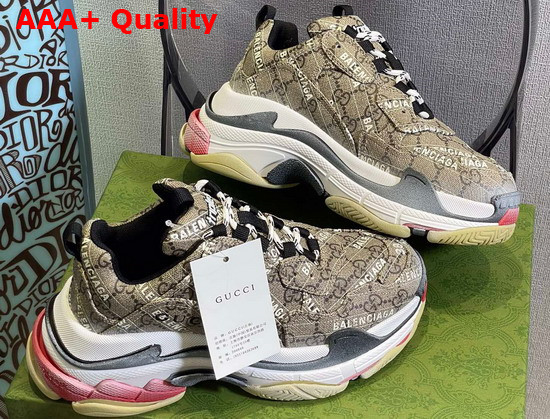 Gucci Mens The Hacker Project Triple S Sneaker Beige and Ebony GG Supreme Canvas with Balenciaga Print 681066 Replica