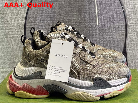 Gucci Mens The Hacker Project Triple S Sneaker Beige and Ebony GG Supreme Canvas with Balenciaga Print 681066 Replica