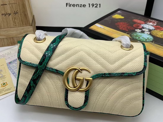 Gucci Online Exclusive GG Marmont Raffia Small Shoulder Bag Beige Matelasse Chevron Raffia with a Heart Green Snakeskin Trim 443497