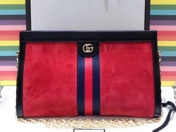 Gucci Ophidia GG Medium Shoulder Bag in Hibiscus Red Suede with Inlaid Web Stripe Detail