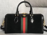 Gucci Ophidia Medium Top Handle Bag Black Suede with Black Patent Leather Trim