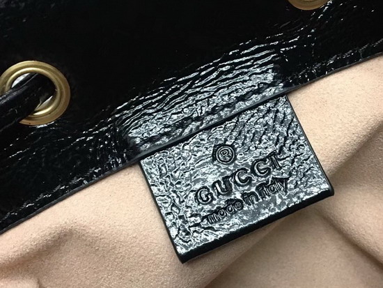 Gucci Ophidia Mini Bucket Bag Chestnut Suede with Black Patent Leather Trim