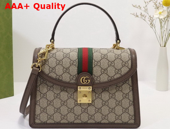 Gucci Ophidia Small Top Handle Bag with Web Beige and Ebony GG Supreme Canvas 651055 Replica