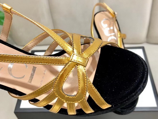 Gucci Platform Sandal in Black Velvet and Metallic Gold Leather