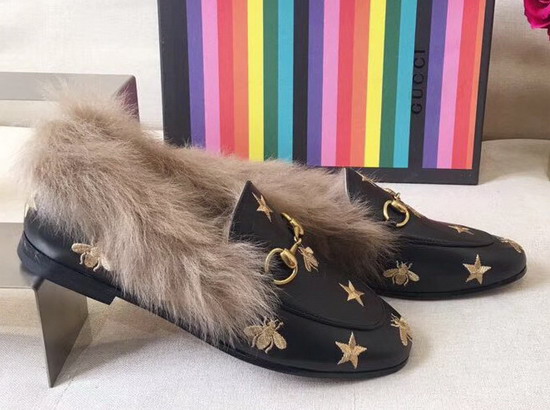 Gucci Princetown Embroidered Leather Loafer with Lamb Wool Black