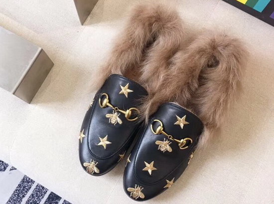 Gucci Princetown Embroidered Leather Loafer with Lamb Wool Black